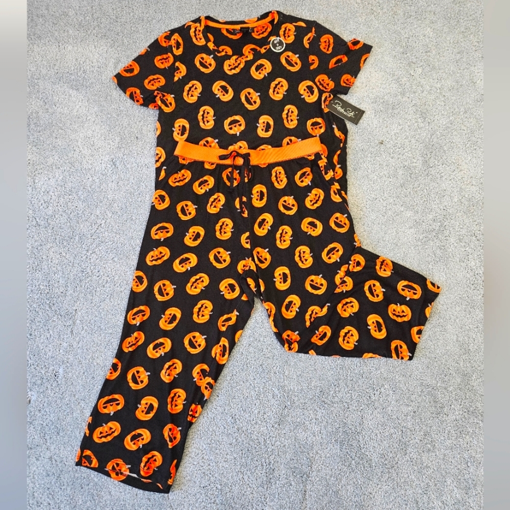 Rene Rofe Seasonal Fall Halloween Pumpkin Soft Cozy Pants & T-shirt Pajamas Sz M